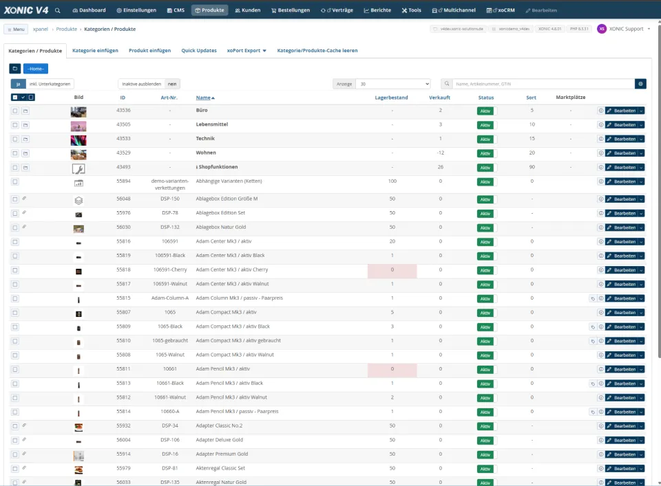 XONIC Backend &ndash; Produktverwaltung mit Lagerbestand und Status