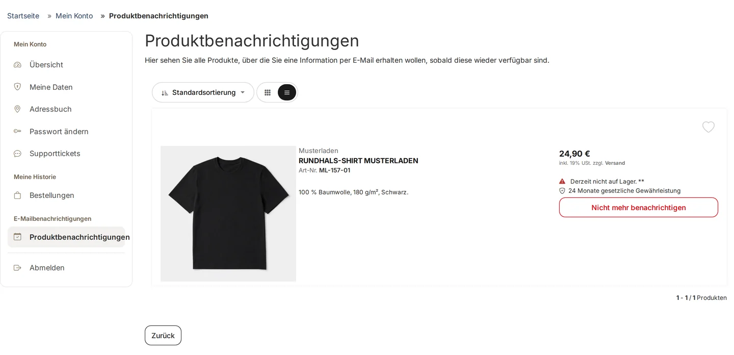 Customer account page “Product Notifications” with the account navigation on the left (the “Email Notifications” section is highlighted) and, in the list view, the item “Round-Neck Shirt Sample Store” with the price and the message “Currently out of stock.” and the red “Stop Notifying Me” button