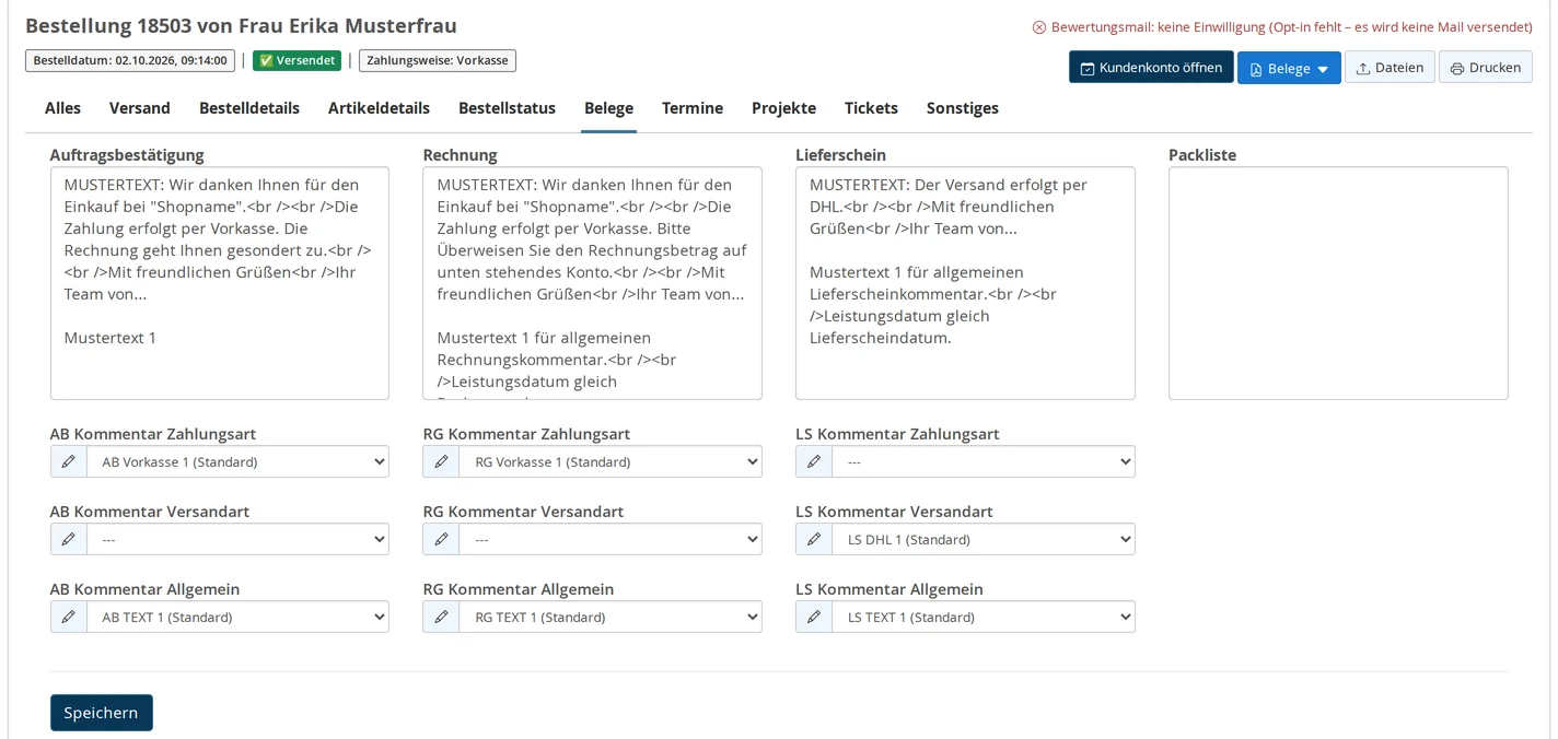 Bestellung 18503, Unterreiter „Belege“: vier Spalten Auftragsbestätigung, Rechnung, Lieferschein und Packliste mit je einem Textfeld, darunter für Auftragsbestätigung, Rechnung und Lieferschein die Auswahlen „Kommentar Zahlungsart“, „Kommentar Versandart“ und „Kommentar Allgemein“ mit Stift-Knopf, vorbelegt etwa mit „RG Vorkasse 1 (Standard)“ und „LS DHL 1 (Standard)“, unten „Speichern“