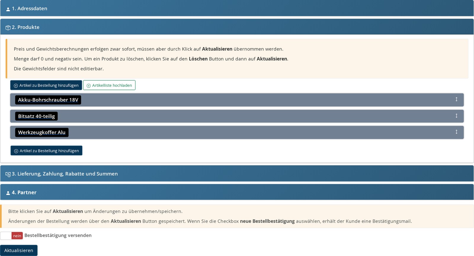 Der Bestelleditor mit den zugeklappten Bereichen Adressdaten, Produkte, Lieferung und Zahlung, Downloads und Partnerprogramm