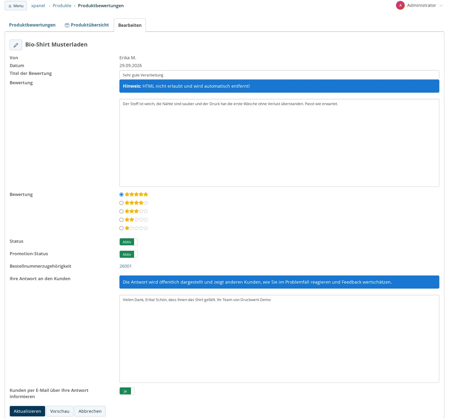 Produkte → Produktbewertungen, Bewertung bearbeiten: Von, Datum, Titel der Bewertung, Text mit HTML-Hinweis, Sterne, Status und Promotion-Status aktiv, Bestellnummerzugehörigkeit als Link, Ihre Antwort an den Kunden und der Schalter „Kunden per E-Mail über Ihre Antwort informieren“ auf Ja