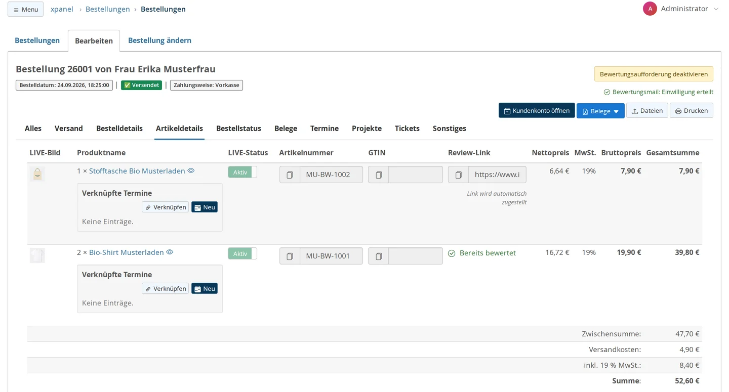 Bestellung im Backend, Reiter Artikeldetails: oben rechts der Knopf „Bewertungsaufforderung deaktivieren“ und „Bewertungsmail: Einwilligung erteilt“, in der Spalte „Review-Link“ beim ersten Artikel der Link mit Kopierknopf und „Link wird automatisch zugestellt“, beim zweiten „Bereits bewertet“