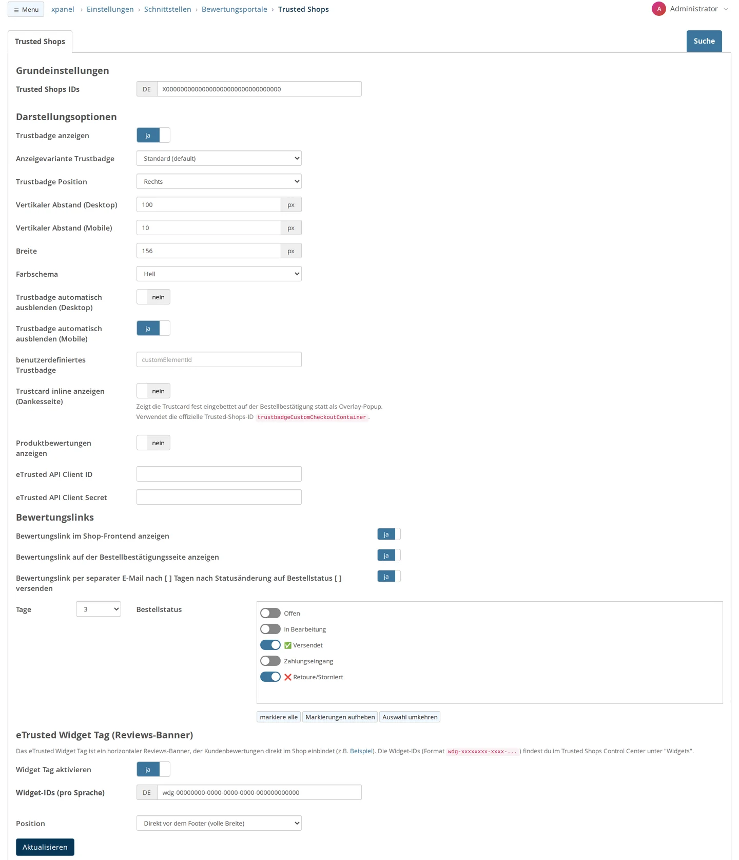 Einstellungen → Schnittstellen → Bewertungsportale → Trusted Shops: Trusted Shops ID für DE (Platzhalter), Darstellungsoptionen des Trustbadge, eTrusted-API-Zugangsdaten, Bewertungslinks mit 3 Tagen und den Status Versendet und Retoure/Storniert sowie das eTrusted Widget Tag mit Widget-ID und Position