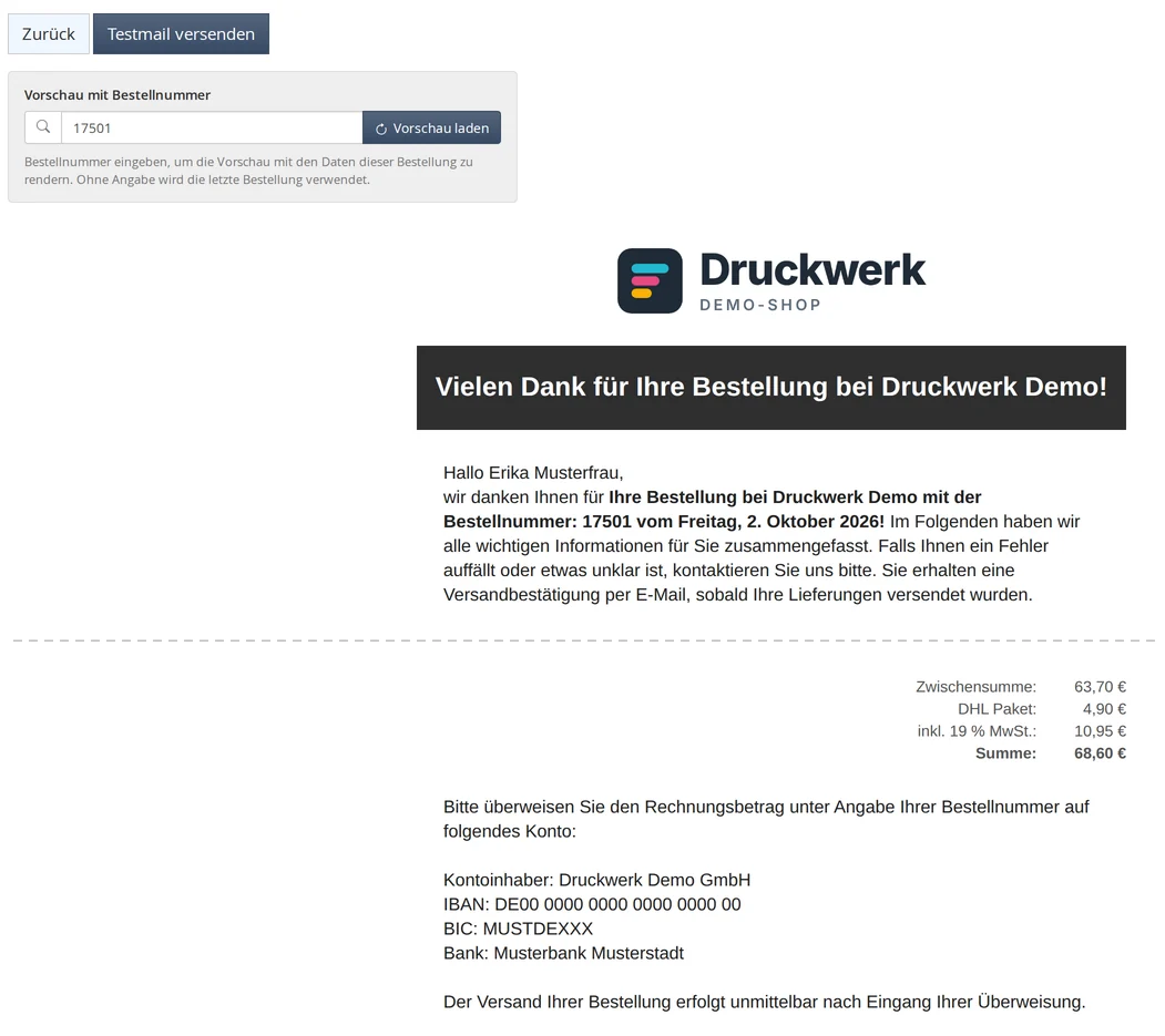 Vorschau der Bestellbestätigung für Bestellung 17501 mit Feld „Vorschau mit Bestellnummer“ und Knopf „Vorschau laden“, Kopf der Mail mit Logo und Dank; nach einem Schnitt die Summen und der Vorkasse-Fußtext mit Kontoinhaber, IBAN, BIC und Bank