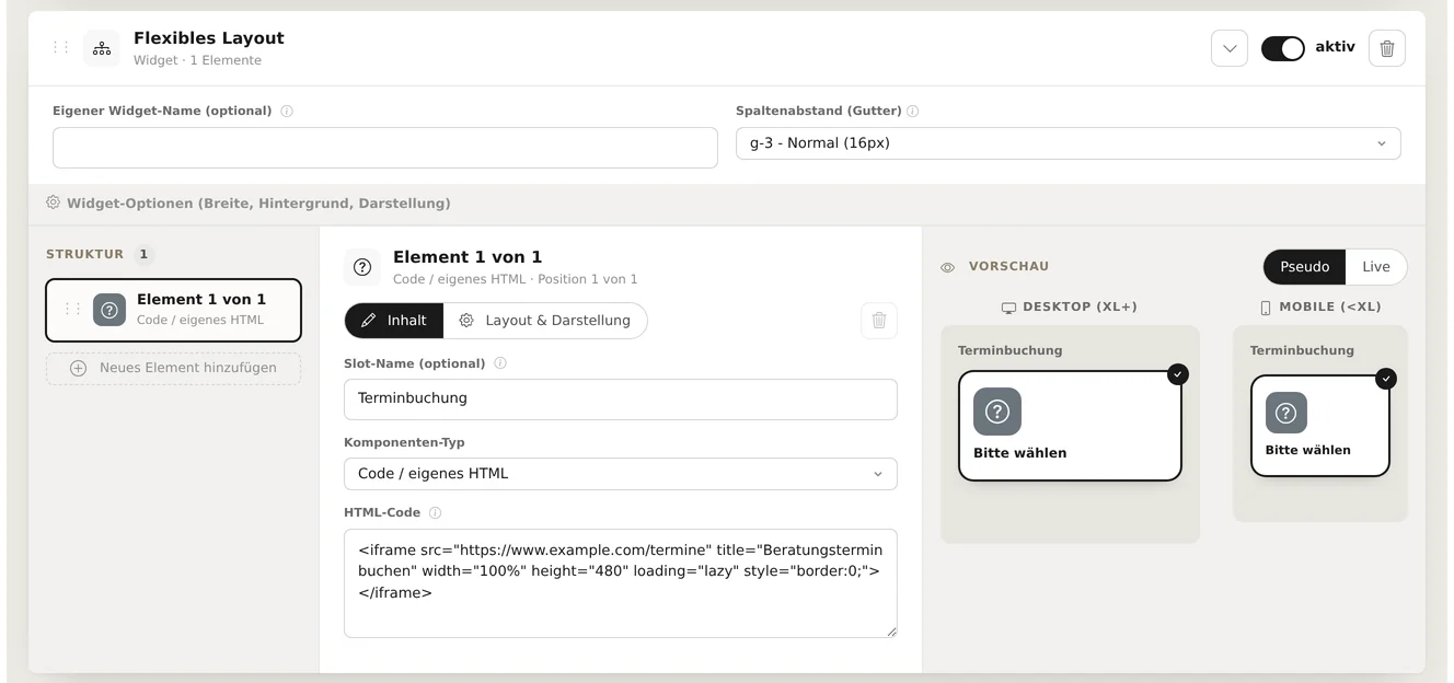 Inhaltsblock mit einem Element vom Komponenten-Typ „Code / eigenes HTML“, Slot-Name „Terminbuchung“; im Feld „HTML-Code“ mit Hilfe-Symbol steht eine Einbettung <iframe src="https://www.example.com/termine" title="Beratungstermin buchen" …></iframe>, rechts die Vorschau