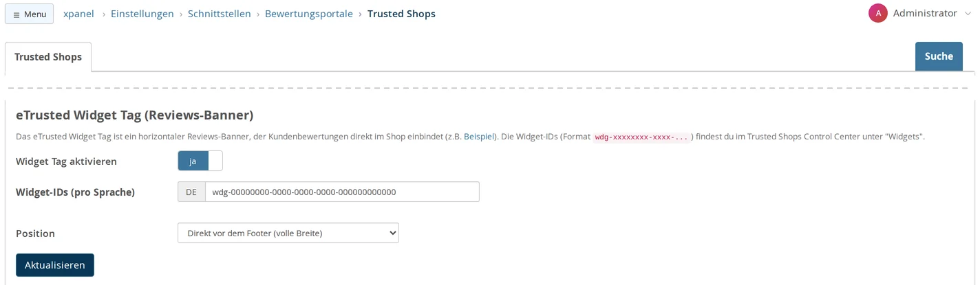 Einstellungen → Schnittstellen → Bewertungsportale → Trusted Shops, Abschnitt „eTrusted Widget Tag (Reviews-Banner)“ mit Hinweistext, „Widget Tag aktivieren“ auf ja, „Widget-IDs (pro Sprache)“ mit der Platzhalter-ID wdg-00000000-0000-0000-0000-000000000000 für DE, „Position“ „Direkt vor dem Footer (volle Breite)“ und dem Knopf „Aktualisieren“