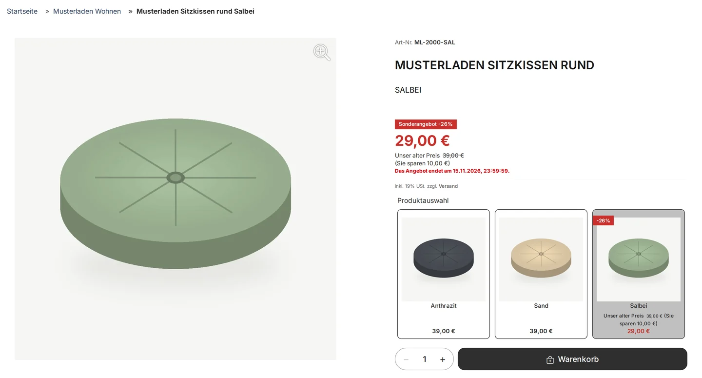 Page produit de la variante « Coussin rond Salbei de la boutique d'échantillons » dans la boutique de démonstration : à gauche, la photo du coussin vert ; à droite, la référence ML-2000-SAL, le nom avec la mention « Salbei », la mention « Offre spéciale -26 % », prix 29,00 € avec « Notre ancien prix 39,00 € » et « L'offre prend fin le 15/11/2026 », en dessous la sélection de produits sous forme de vignettes : Anthracite 39,00 €, Sable 39,00 € et, en surbrillance, Sauge 29,00 €, le champ de quantité et le bouton « Panier »