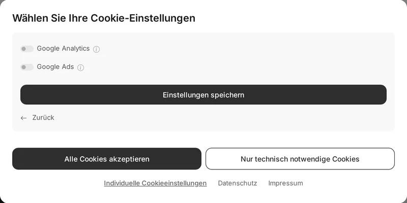 Cookie-Banner mit den individuellen Einstellungen: Schalter für Google Analytics und Google Ads, beide aus