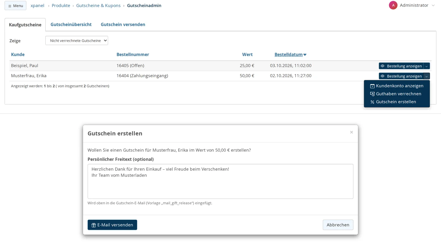 Gutscheinadmin, Reiter „Kaufgutscheine“ mit dem Filter „Nicht verrechnete Gutscheine“ und zwei gekauften Gutscheinen; das Aktionsmenü zeigt „Kundenkonto anzeigen“, „Guthaben verrechnen“ und „Gutschein erstellen“; darunter der Dialog „Gutschein erstellen“ mit dem Feld „Persönlicher Freitext (optional)“