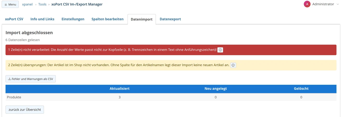 Import Report: Import completed, 6 data rows read, red message for 1 row where the number of values does not match the header, yellow message for 2 skipped rows because the item is not available in the store, button "Errors and Warnings" updated as CSV and "Products" table with 3, 0 newly created, and 0 deleted