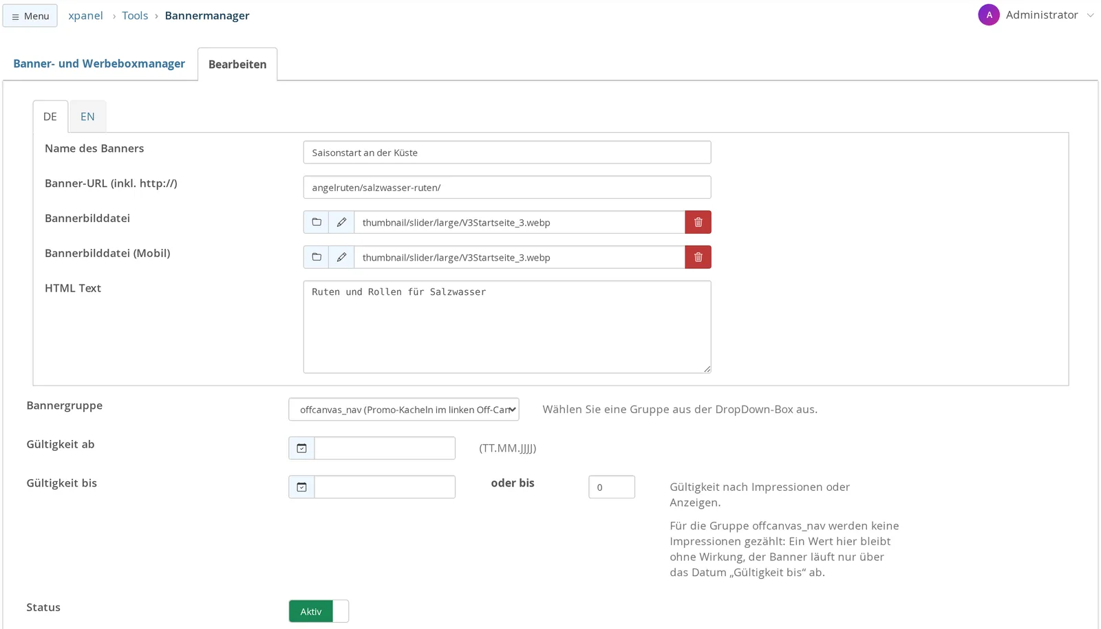 Gestione banner nel backend: banner “Inizio stagione sulla costa” con URL del banner, file immagine del banner, testo HTML, gruppo di banner offcanvas_nav e l’indicazione che per questo gruppo non vengono conteggiate le impressioni e che il banner scade solo alla data “Validità fino al”
