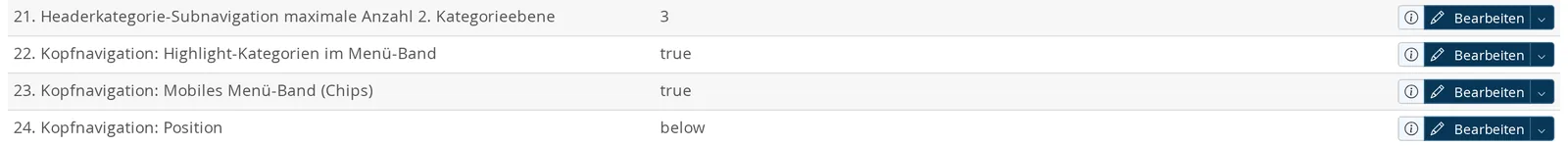 Sezione del gruppo di impostazioni “Header” (intestazione) nel backend: le opzioni “Navigazione in testa: categorie in evidenza nella barra del menu” e “Navigazione in testa: barra del menu mobile (fila di chip)”, entrambe impostate su true