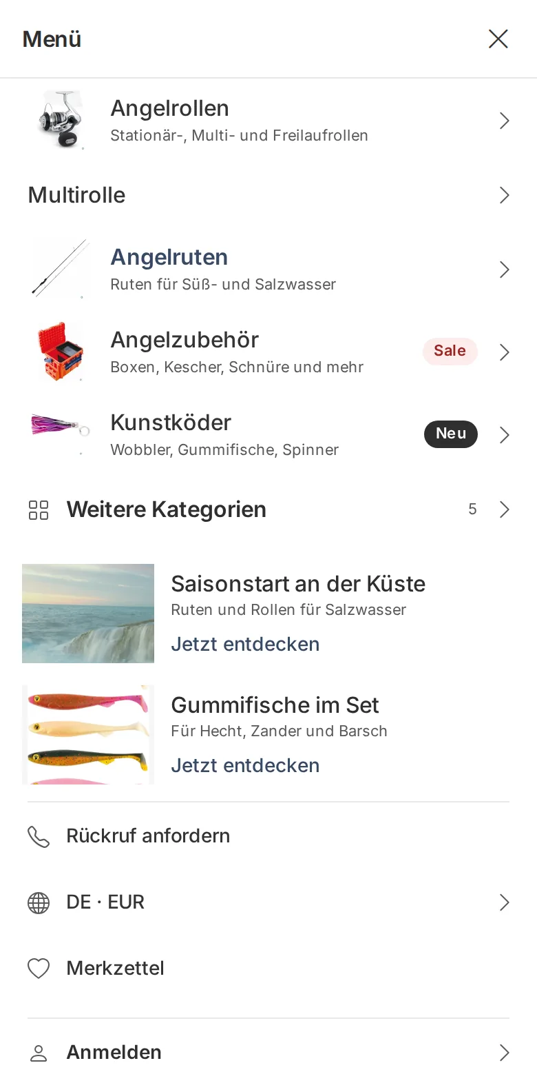 Menu aperto sullo smartphone: in alto le categorie in evidenza con immagine e breve descrizione; sotto, la riga “Altre categorie” con il numero 5, due riquadri promozionali e l’area servizi con le opzioni “Richiamata”, “Lingua” e “Valuta”, “Lista dei preferiti” e “Accedi”