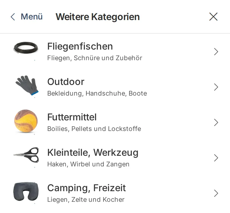 Pannello “Altre categorie” nel menu mobile con cinque categorie principali, ciascuna con un’immagine di categoria e una breve descrizione su una sola riga