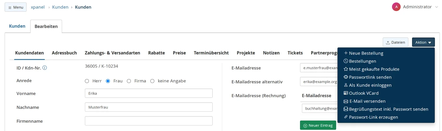 Kundenmaske mit geöffnetem Menü Aktion: Neue Bestellung, Bestellungen, Meist gekaufte Produkte, Passwortlink senden, Als Kunde einloggen, Outlook VCard, E-Mail versenden, Begrüßungstext inkl. Passwort senden, Passwort-Link erzeugen