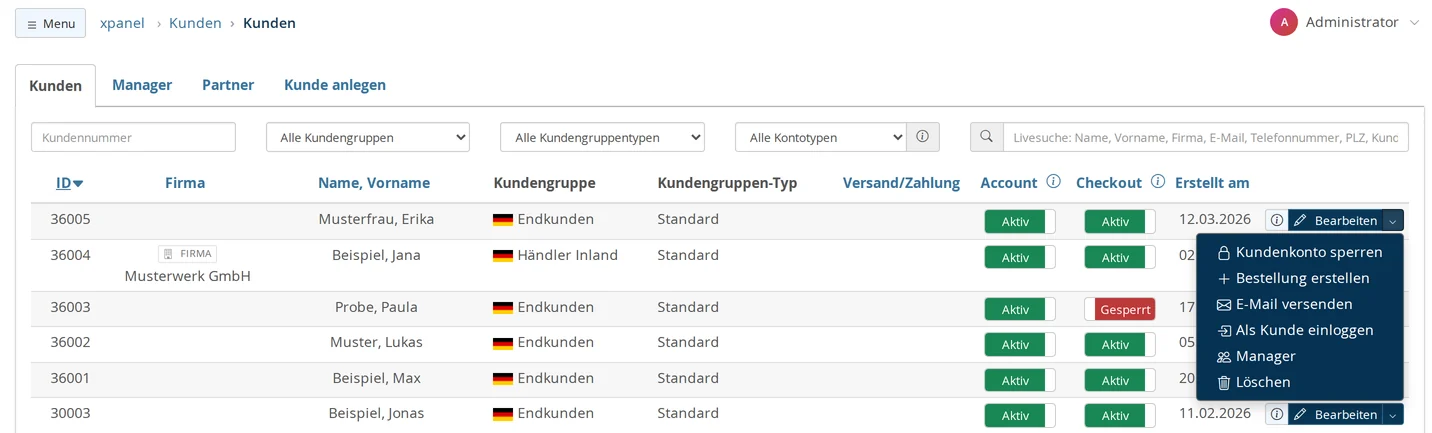 Kundenliste mit Feld Kundennummer, Filtern Alle Kundengruppen, Alle Kundengruppentypen und Alle Kontotypen, Livesuche, Spalten ID bis Erstellt am, einem Firmenkunden, einem gesperrten Checkout-Schalter und geöffnetem Aktionsmenü mit Kundenkonto sperren, Bestellung erstellen, E-Mail versenden, Als Kunde einloggen, Manager und Löschen