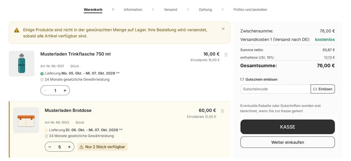 Shopping cart with two items: The lunchbox with a quantity of 5 is marked in yellow with “Only 2 available,” and above it is the message “Some products are not in stock in the desired quantity. Your order will be shipped as soon as all items are available,” and to the right, the active “Checkout” button