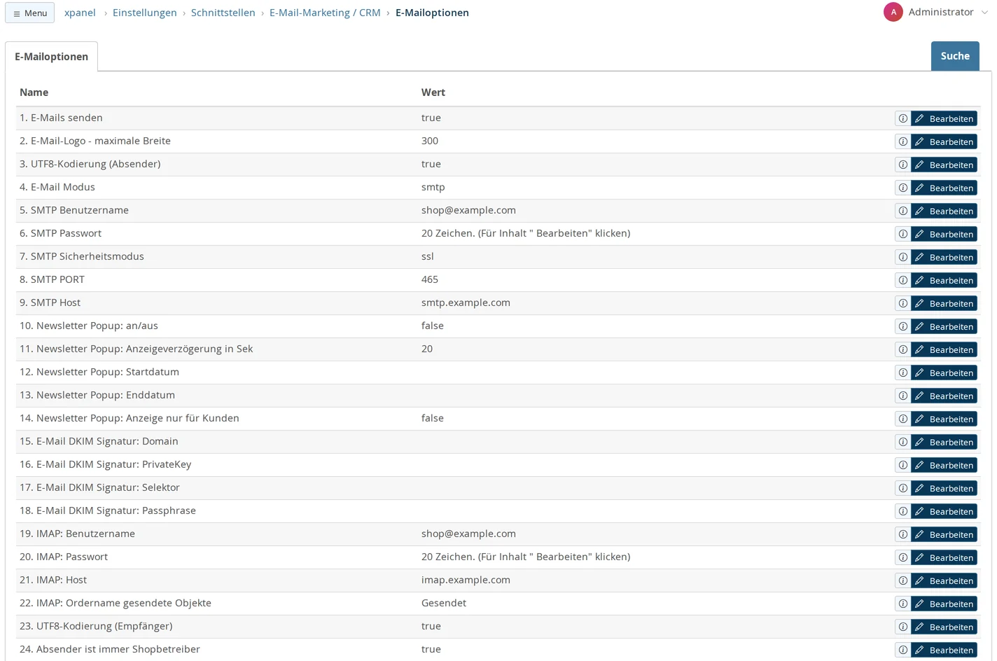 E-Mailoptionen, Zeilen 1 bis 24: „E-Mail Modus“ smtp, „SMTP Benutzername“ shop@example.com, „SMTP Passwort“ verdeckt als „20 Zeichen“, „SMTP Sicherheitsmodus“ ssl, „SMTP PORT“ 465, „SMTP Host“ smtp.example.com, die leeren DKIM-Felder, „IMAP: Benutzername“ shop@example.com, „IMAP: Passwort“ verdeckt, „IMAP: Host“ imap.example.com, „IMAP: Ordername gesendete Objekte“ Gesendet und „Absender ist immer Shopbetreiber“ true