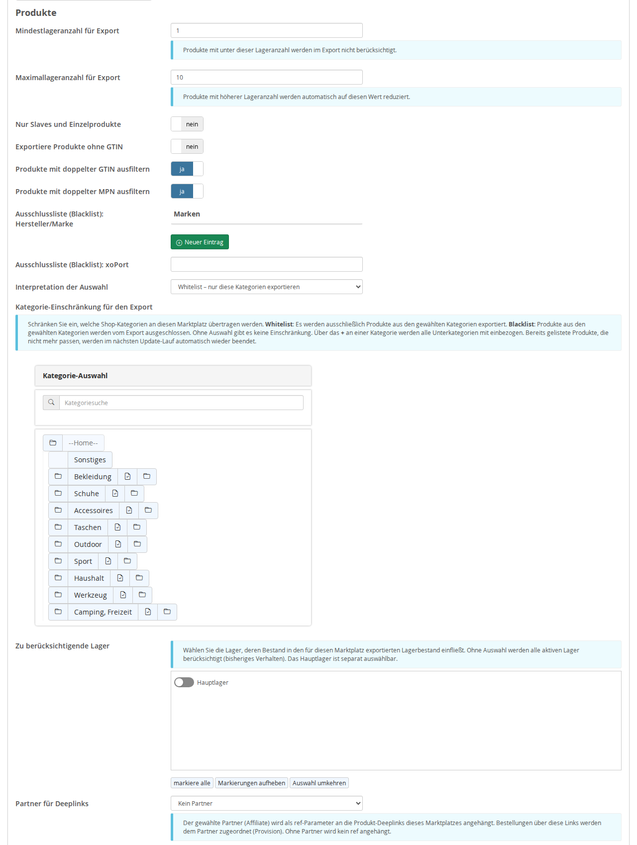 Abschnitt Produkte der neuen eBay-Anbindung mit Mindest- und Maximallageranzahl, GTIN-Filtern, Kategorie-Einschränkung und Lagerauswahl