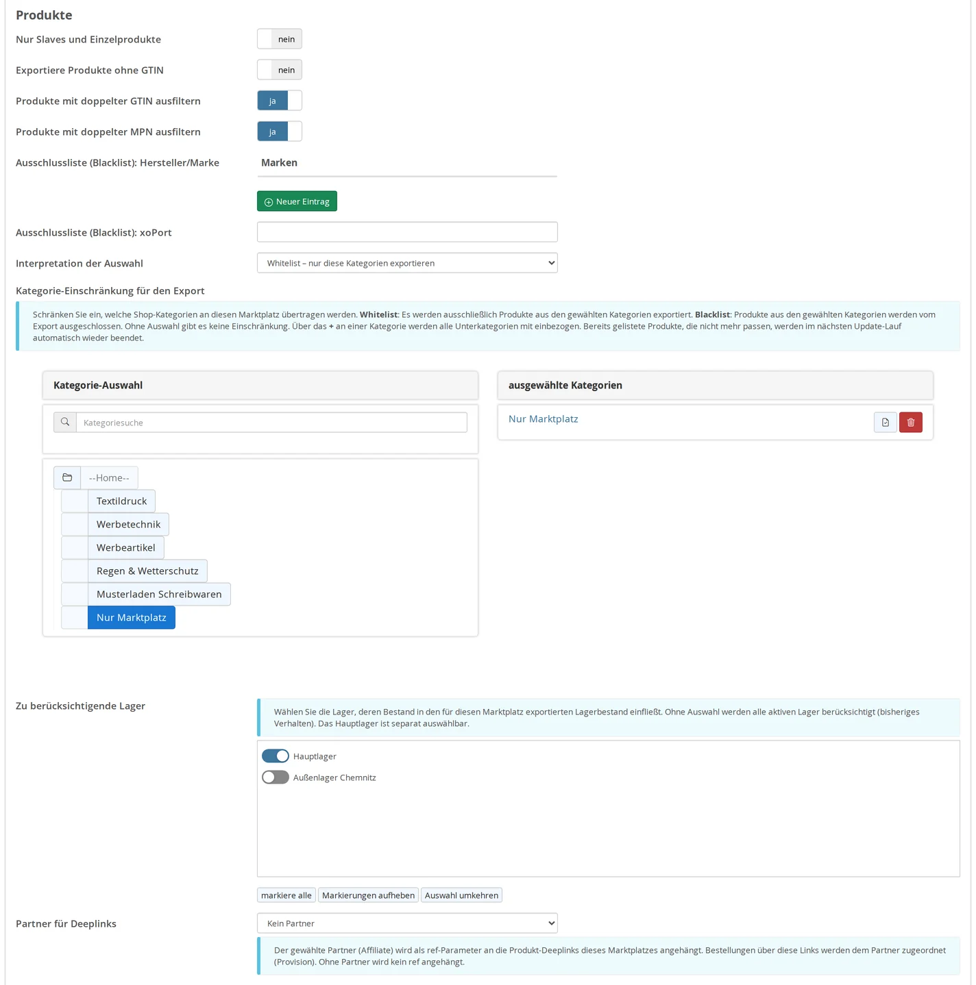Einstellungen von idealo, Abschnitt „Produkte“: Artikelfilter mit ja/nein-Schaltern, Ausschlusslisten, Whitelist mit der Kategorie „Nur Marktplatz“, Lagerauswahl mit „Hauptlager“ eingeschaltet und „Außenlager Chemnitz“ ausgeschaltet sowie „Partner für Deeplinks“