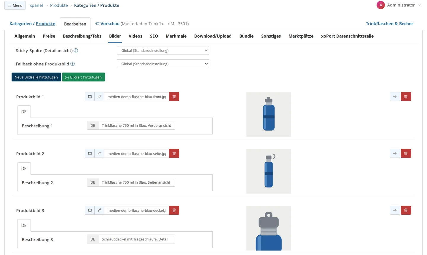 Artikel „Musterladen Trinkflasche 750 ml“ im Reiter „Bilder“: oben „Sticky-Spalte (Detailansicht)“ und „Fallback ohne Produktbild“ auf „Global (Standardeinstellung)“, darunter die Knöpfe „Neue Bildzeile hinzufügen“ und „Bild(er) hinzufügen“ und drei Bildzeilen „Produktbild 1“ bis „Produktbild 3“ mit Dateiname, Vorschau, Pfeil-Knopf zum Verschieben und je einer deutschen Beschreibung wie „Trinkflasche 750 ml in Blau, Seitenansicht“