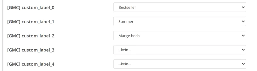 Auswahlfelder custom_label_0 bis custom_label_4 am Artikel mit den Werten Bestseller, Sommer und Marge hoch