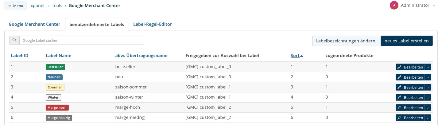 Liste der benutzerdefinierten Labels mit Name, Übertragungsname, freigegebenem Label und Anzahl zugeordneter Produkte
