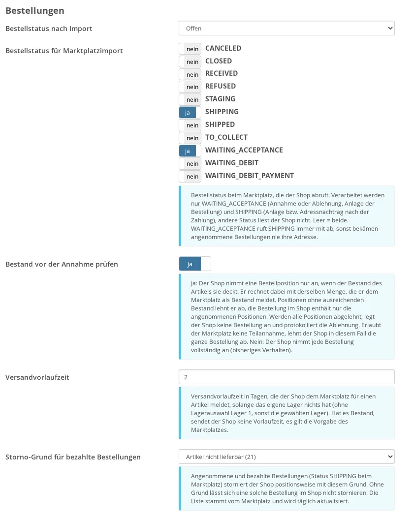 Impostazioni di Manor, sezione “Ordini”: “Stato dell’ordine dopo l’importazione” su “In sospeso”, “Stato dell’ordine per l’importazione dal marketplace” con “sì” per SHIPPING e WAITING_ACCEPTANCE, «Verifica disponibilità prima dell’accettazione» su «Sì», «Tempo di preparazione alla spedizione» 2 e «Motivo di annullamento per ordini pagati» con il motivo selezionato «Articolo non disponibile (21)», ciascuno con testo di aiuto
