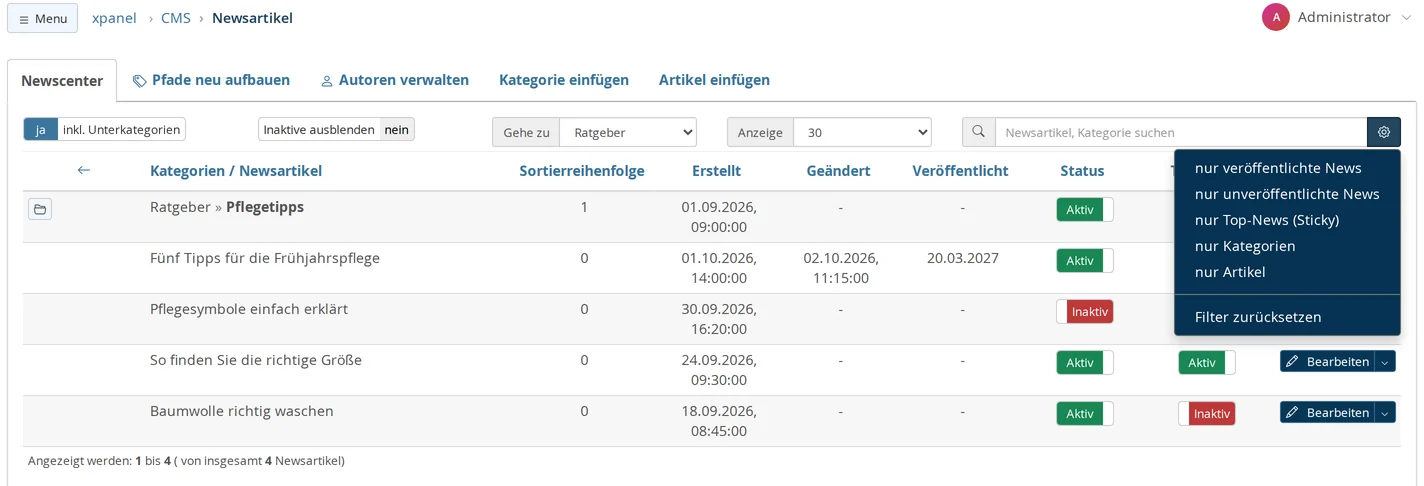 Liste unter CMS → Newsartikel in der Kategorie Ratgeber mit der Unterkategorie Pflegetipps und vier Artikeln, Spalten Sortierreihenfolge, Erstellt, Geändert, Veröffentlicht mit dem 20.03.2027 beim terminierten Artikel, Status und Top-News, rechts das geöffnete Zahnrad-Menü von „nur veröffentlichte News“ bis „Filter zurücksetzen“