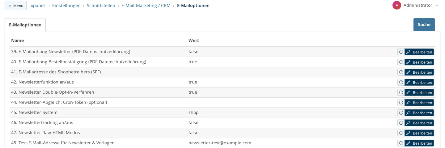 E-Mailoptionen im Backend, Ausschnitt mit den Zeilen „E-Mailanhang Newsletter (PDF-Datenschutzerklärung)“ = false, „Newsletterfunktion an/aus“ = true, „Newsletter Double-Opt-In-Verfahren“ = true, „Newsletter-Abgleich: Cron-Token (optional)“ leer, „Newsletter-System“ = shop, „Newslettertracking an/aus“ = false, „Newsletter Raw-HTML-Modus“ = false und „Test-E-Mail-Adresse für Newsletter & Vorlagen“ = newsletter-test@example.com