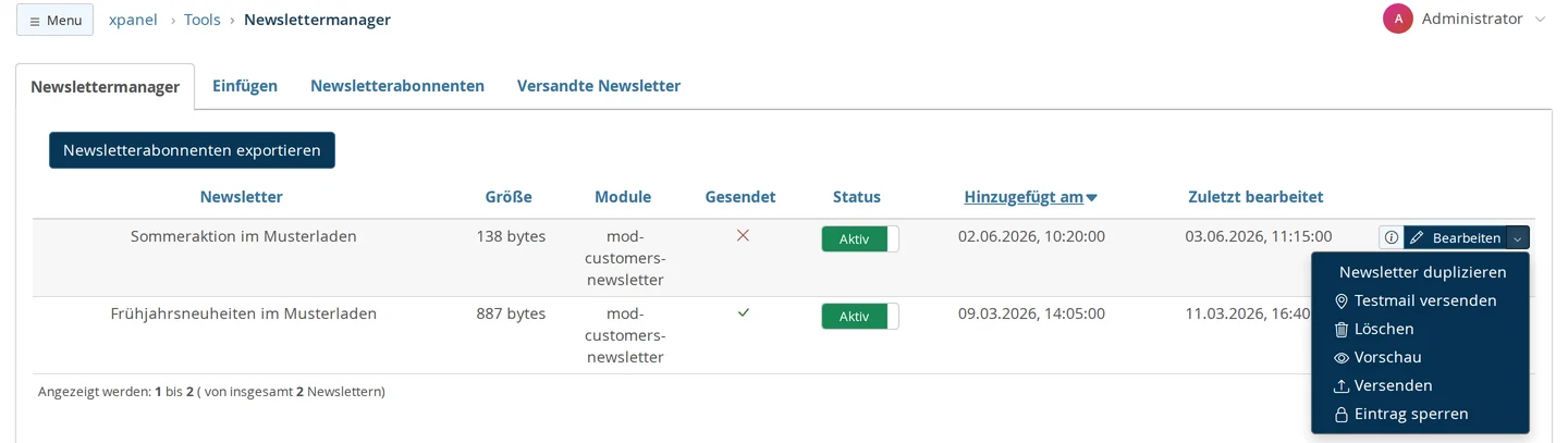 Newslettermanager mit dem Knopf „Newsletterabonnenten exportieren“ und zwei Newslettern: „Sommeraktion im Musterladen“ (noch nicht gesendet) mit geöffnetem Aktionsmenü „Bearbeiten“, „Newsletter duplizieren“, „Testmail versenden“, „Löschen“, „Vorschau“, „Versenden“, „Eintrag sperren“ und „Frühjahrsneuheiten im Musterladen“ mit grünem Haken in der Spalte „Gesendet“