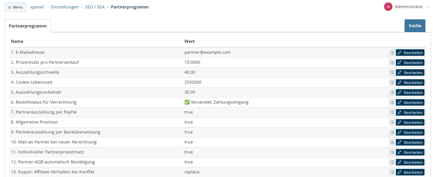 Backend-Liste Einstellungen → SEO / SEA → Partnerprogramm mit 13 Zeilen: E-Mailadresse partner@example.com, Prozentsatz pro Partnerverkauf 10.0000, Auszahlungsschwelle 40.00, Cookie-Lebenszeit 2592000, Auszahlungsvorbehalt 30.00, Bestellstatus für Verrechnung „Versendet, Zahlungseingang“, Partnerauszahlung per PayPal true, Allgemeine Provision true, Partnerauszahlung per Banküberweisung true, Mail an Partner bei neuer Abrechnung true, Individueller Partnerprozentsatz true, Partner-AGB automatisch Bestätigung true, Kupon: Affiliate-Verhalten bei Konflikt replace
