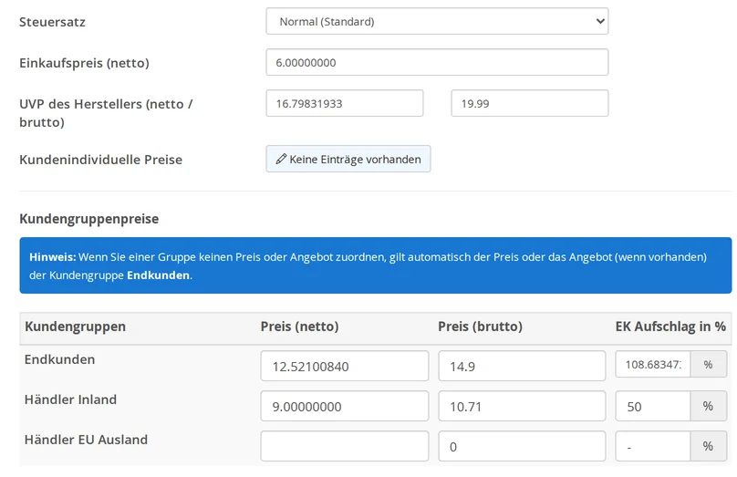 "Prices" tab for an item, showing tax rate, purchase price, net and gross MSRP, "Customer-Specific Prices" button, and the "Customer Group Prices" table: End customers 12.52 net, Domestic dealers 9.00 net, EU dealers (foreign) blank, with purchase price markup in percent