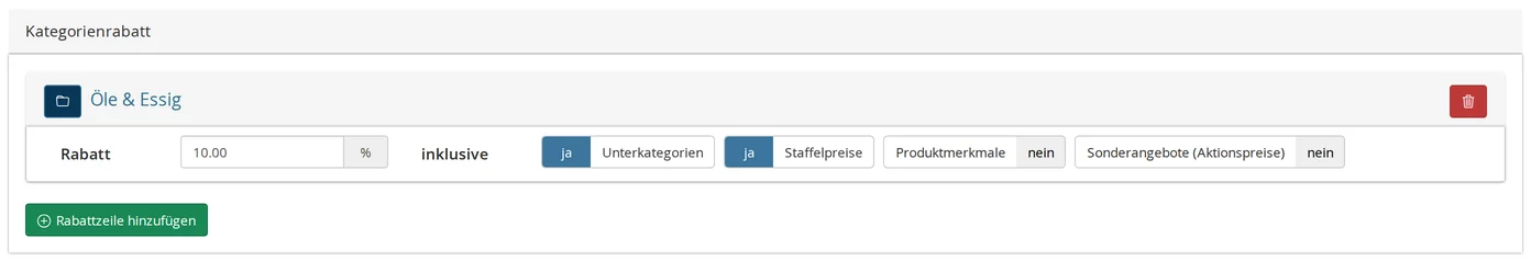 "Domestic Retailers" group's "Category Discount" section with a discount line for the "Oils & Vinegar" category: 10% discount, subcategories: yes, tiered pricing: yes, product features: no, special offers (promotional prices): no, with the "Add Discount Line" button below it