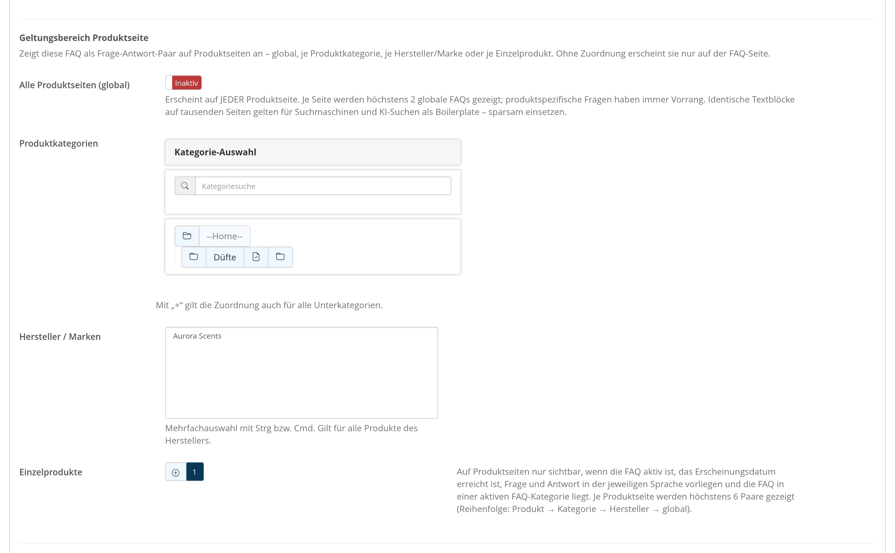 Panel „Geltungsbereich Produktseite“ in der FAQ-Bearbeitung mit dem Schalter für alle Produktseiten, der Kategorie-Auswahl, der Herstellerliste und der Produktauswahl