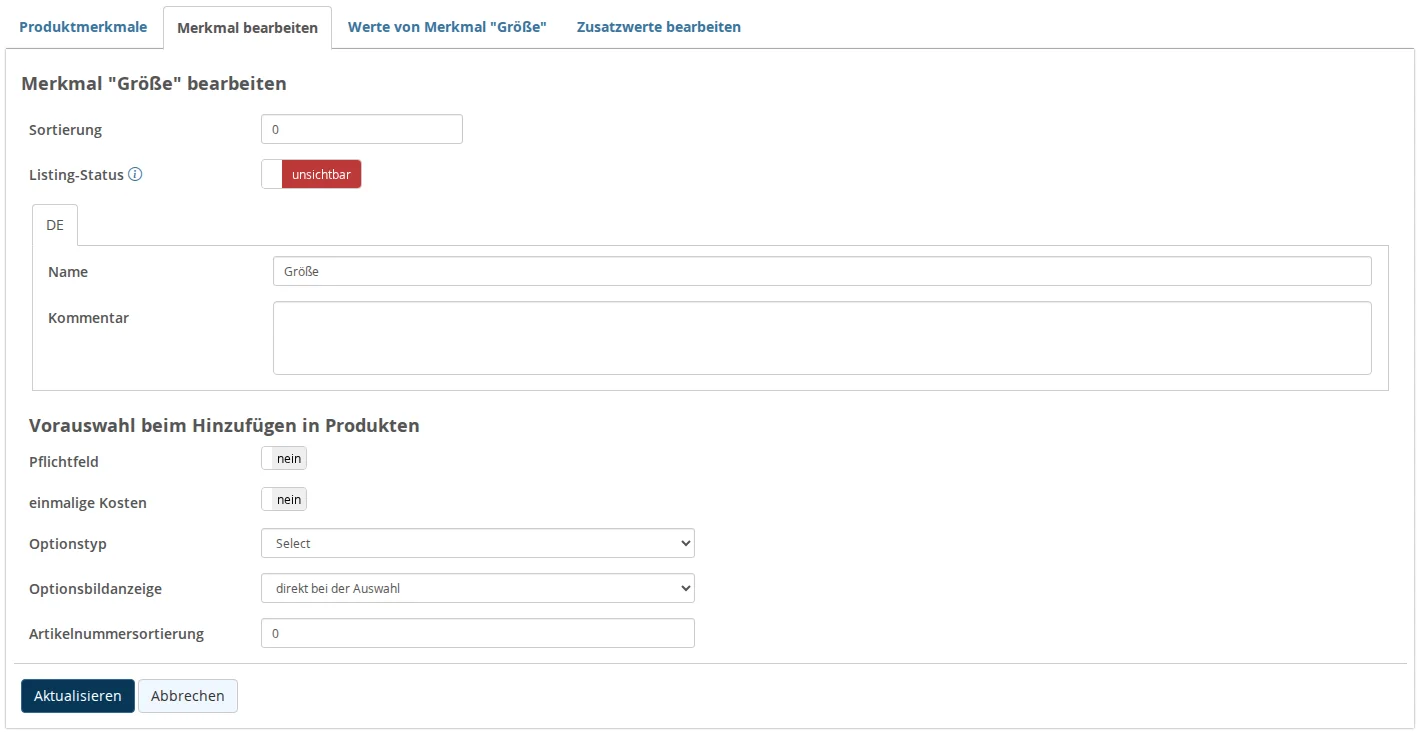 "Edit Size Attribute" form with sorting, listing status, name, comment, and the "Preselection when adding to products" block with a required field, one-time cost, option type, option image display, and item number sorting