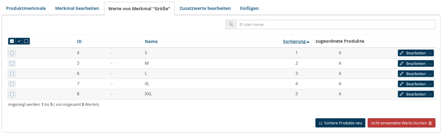 "Size Attribute Values" tab, showing the values S, M, L, XL, and XXL, their sort order from 1 to 5, and the number of products assigned to each