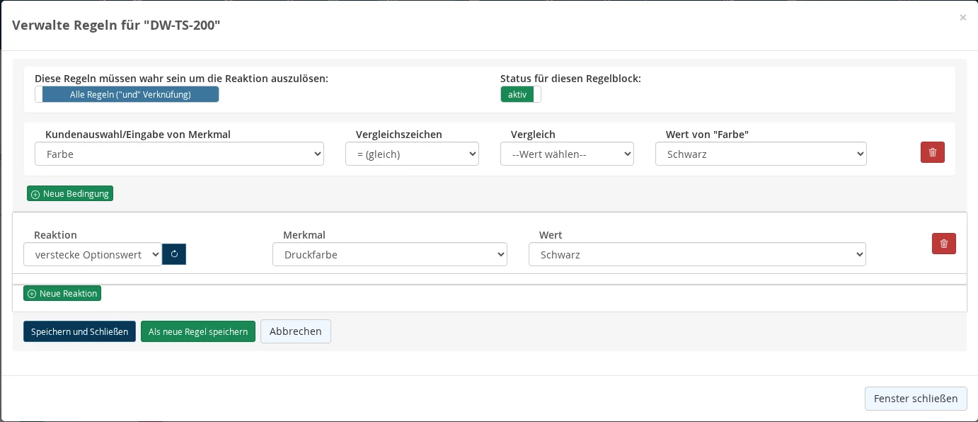 Rule block being edited: "All Rules (and)" logic, status: active, condition: color equals black, and reaction: "hide option value" for the black print color, with the buttons "New Condition," "New Reaction," and "Save as New Rule"