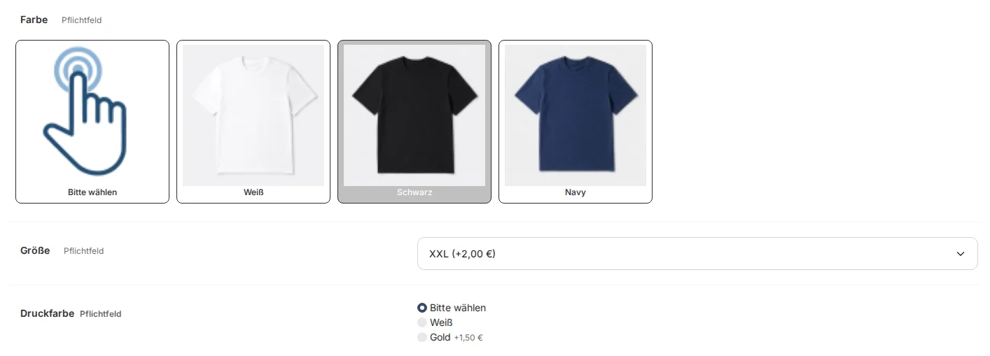 Product page showing the color black and size XXL: The print color options now only include white and gold; black is hidden
