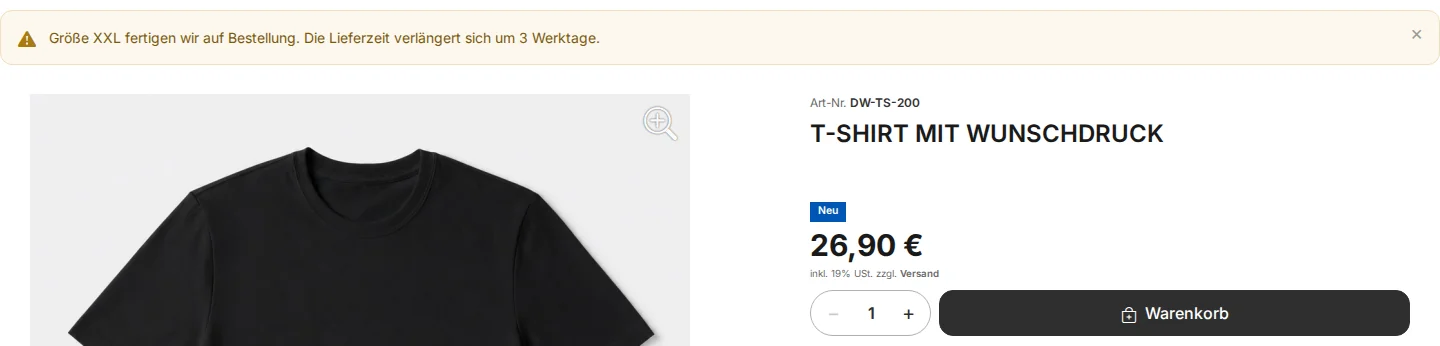 Yellow note at the top of the product page: “We manufacture size XXL to order. Delivery time is extended by 3 business days.” and the price is 26.90 euros with an XXL surcharge