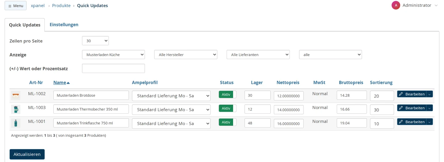 Products → Quick Updates, filtered by the "Kitchen Showroom" category, with filters for manufacturer, supplier, and status, and a table with the columns Item No., Name, Traffic Light Profile, Status, Stock, Net Price, VAT, Gross Price, and Sorting for the three demo items ML-1001 through ML-1003, including the “Update” button