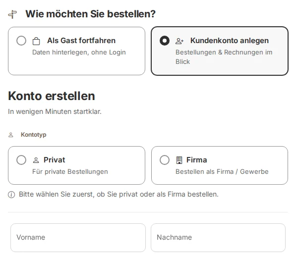 Registrierung mit Vorauswahl „Bitte wählen“: die Karten Privat und Firma sind nicht angehakt, darunter der Hinweis, zuerst den Kontotyp zu wählen; die Felder Vorname und Nachname sind bereits sichtbar