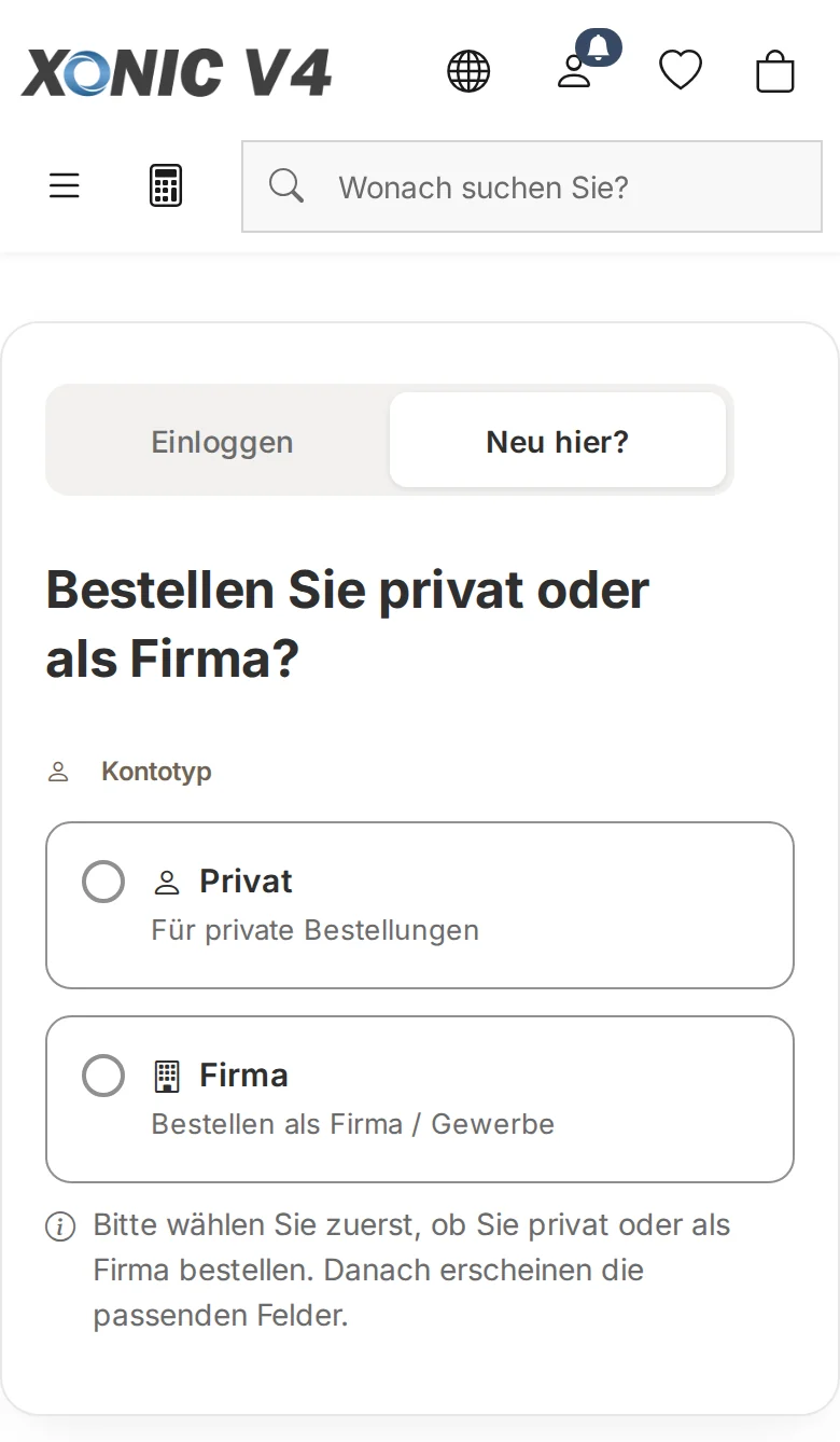 Smartphone-Ansicht der Registrierung im Schritt-Modus mit den untereinanderliegenden Karten Privat und Firma