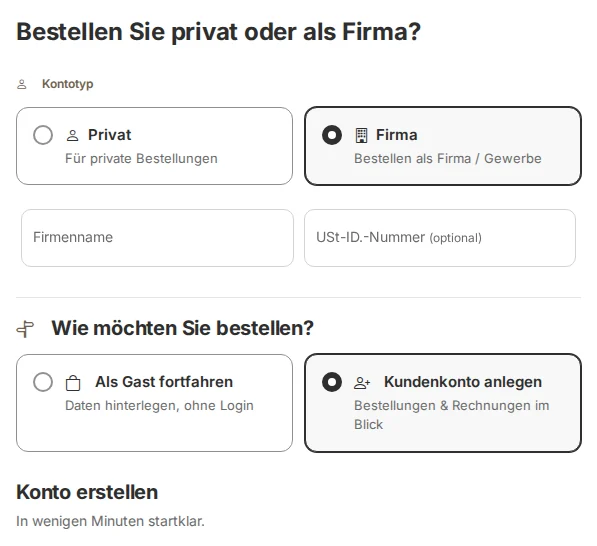Nach Klick auf „Firma“: Firmenname und USt-IdNr., darunter „Wie möchten Sie bestellen?“ mit den Karten „Als Gast fortfahren“ und „Kundenkonto anlegen“