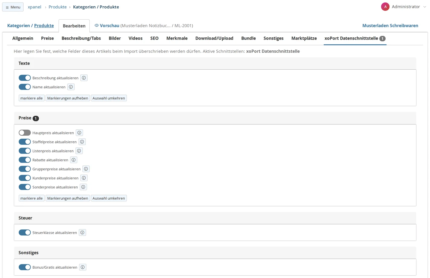 "Sample Store Notebook" item screen, "xoPort Data Interface" tab with the note "Here you specify which fields for this item may be overwritten during import" and the groups Text, Prices, Tax, and Miscellaneous; "Update Main Price" is turned off; all other switches are turned on