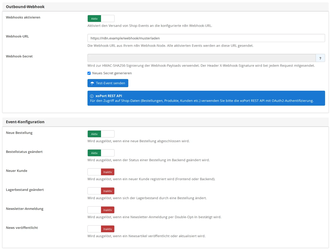 n8n page, Settings tab: In the Outbound Webhook section, set “Enable Webhooks” to Active, set the Webhook URL to https://n8n.example/webhook/musterladen, leave the Webhook Secret blank with “Generate New Secret” checked, and click the “Send Test Event” button; below that, the event configuration with “New Order” and “Order Status Changed” set to “Active,” and “New Customer,” “Inventory Changed,” “Newsletter Signup,” and “News Published” set to “Inactive”