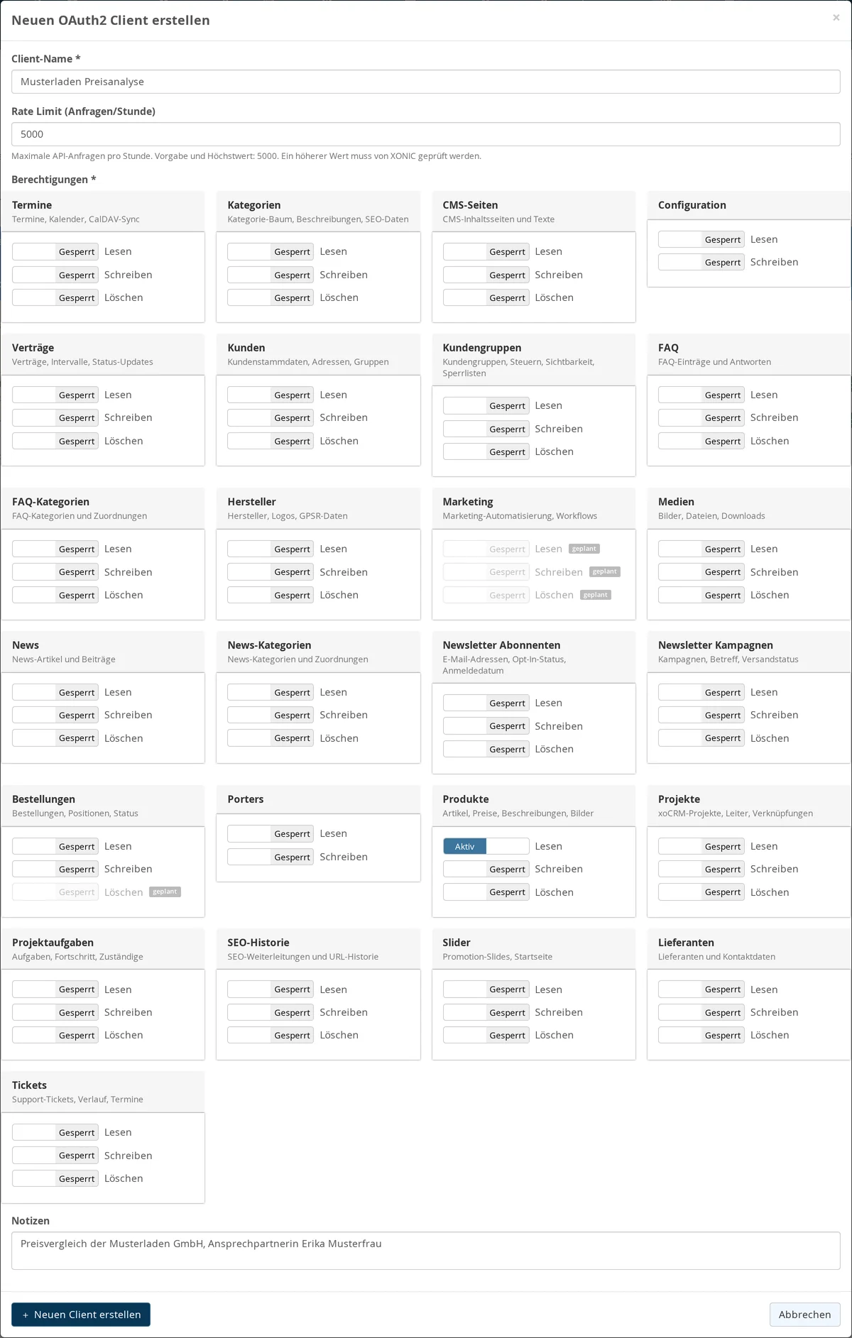 "Create New OAuth2 Client" dialog with the client name "Sample Store Price Analysis," Rate Limit 5000 and the note “Default and maximum value: 5000”; below that, the permissions are listed by category, each with Read, Write, and Delete options—only for “Products” is Read set to “Active”; at the bottom are the notes and the “Create New Client” button