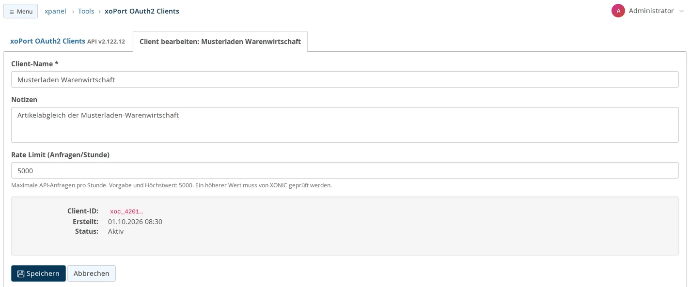Pagina “Modifica cliente: Negozio modello – Gestione merci” con i campi Nome cliente e Note, il campo “Limite di frequenza (richieste/ora)” con il valore 5000 e la nota “Valore predefinito e massimo: 5000. Un valore superiore deve essere verificato da XONIC.”, sotto di cui si trovano ID cliente, Data di creazione, Stato e il pulsante Salva