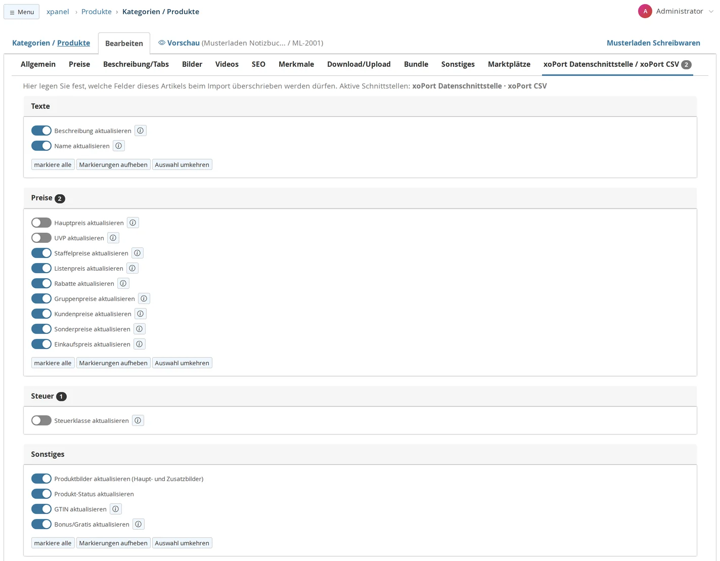 Scheda articolo “Taccuino del negozio modello”, scheda “Interfaccia dati xoPort / xoPort CSV” con il numero 2 e la nota “Qui è possibile specificare quali campi di questo articolo possono essere sovrascritti durante l’importazione”; gruppi Testi, Prezzi, Imposte e Altro. Sono disattivati «Aggiorna prezzo principale», «Aggiorna prezzo consigliato» e «Aggiorna classe fiscale», tutti gli altri pulsanti sono attivati