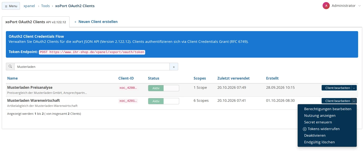 Elenco dei client OAuth2 di xoPort con gli accessi “Musterladen Analisi dei prezzi” e “Musterladen Gestione merci”; nel secondo caso, il menu delle azioni è aperto e presenta le opzioni Modifica autorizzazioni, Visualizza utilizzo, Rinnova secret, Revoca token, Disattiva ed Elimina definitivamente